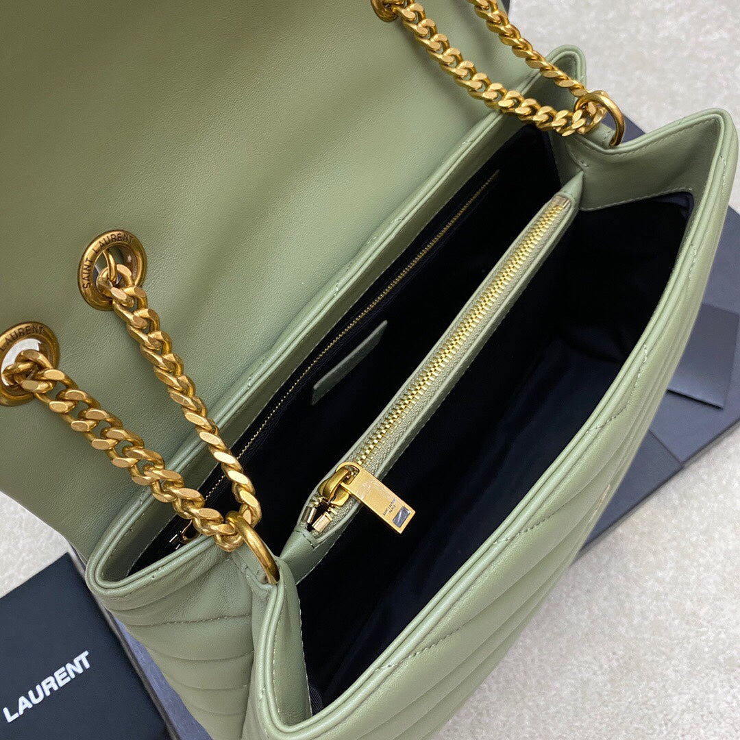 LOULOU MEDIUM 32 KHAKI GREEN QUILTED LEATHER GOLD HARDWARE