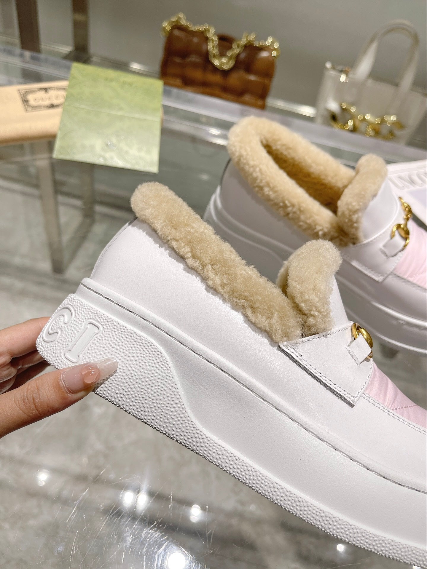 GG Snow Boots White Pink Calfskin Wool 576241