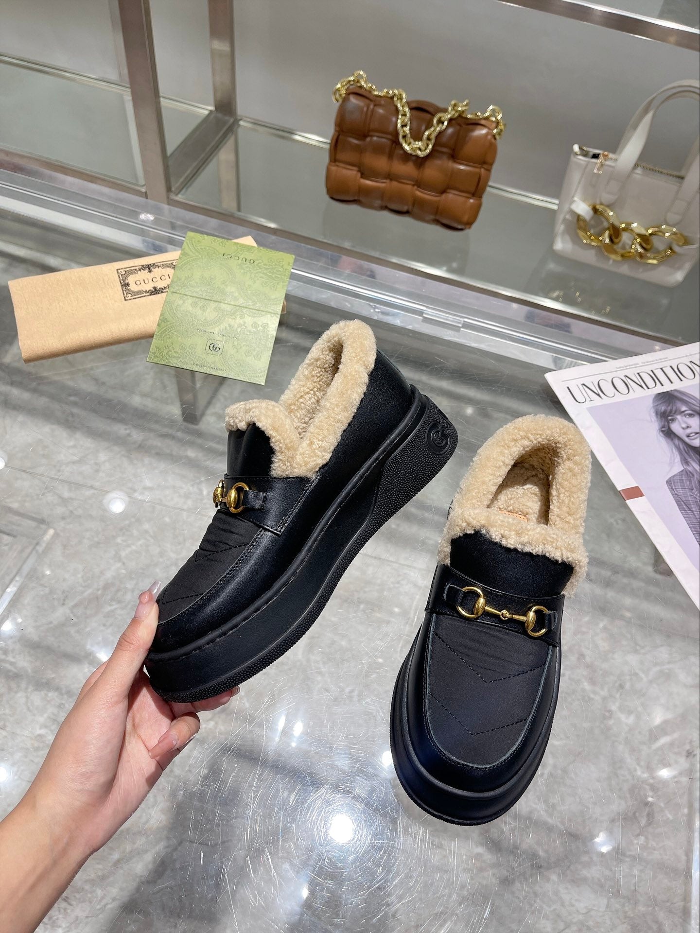 GG Snow Boots Black Calfskin Wool 576242