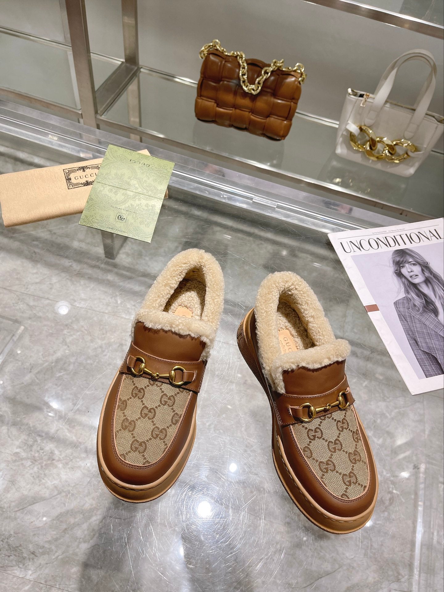 GG Snow Boots Brown Calfskin Denim Wool 576249
