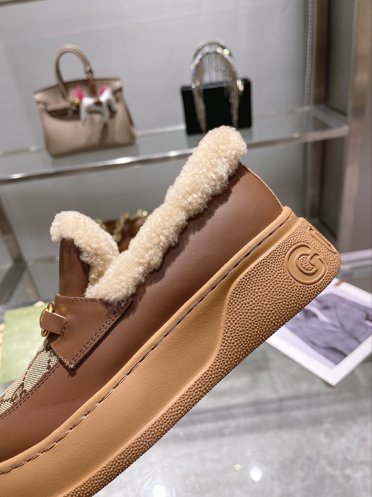 GG Snow Boots Brown Calfskin Denim Wool 576249