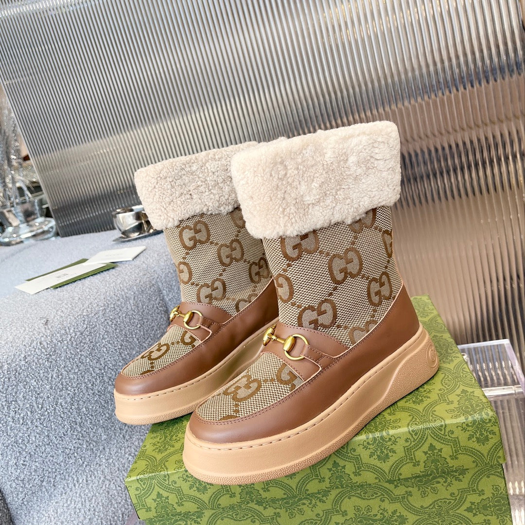 Gucci 2025 Monogram Boot Brown Beige Ebony Wool Canvas Calfskin 564684