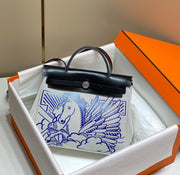 HM Pegase Pop Herbag Zip 31 White Blue Canvas Black Cowhide Leather