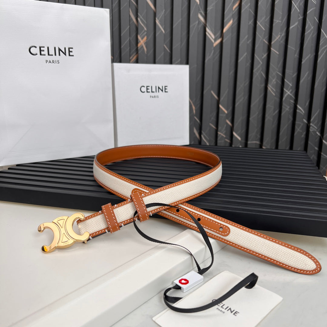 CEL 25mm Triomphe Belt in Taurillon Brown White Canvas 176292