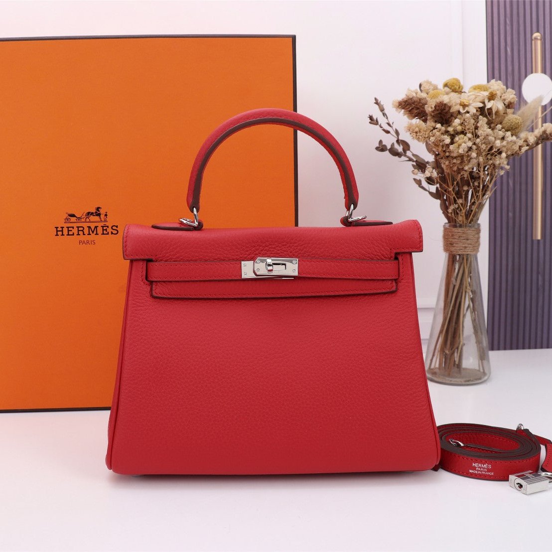 HM KELLY BAG 28 RED TOGO SILVER HARDWARE