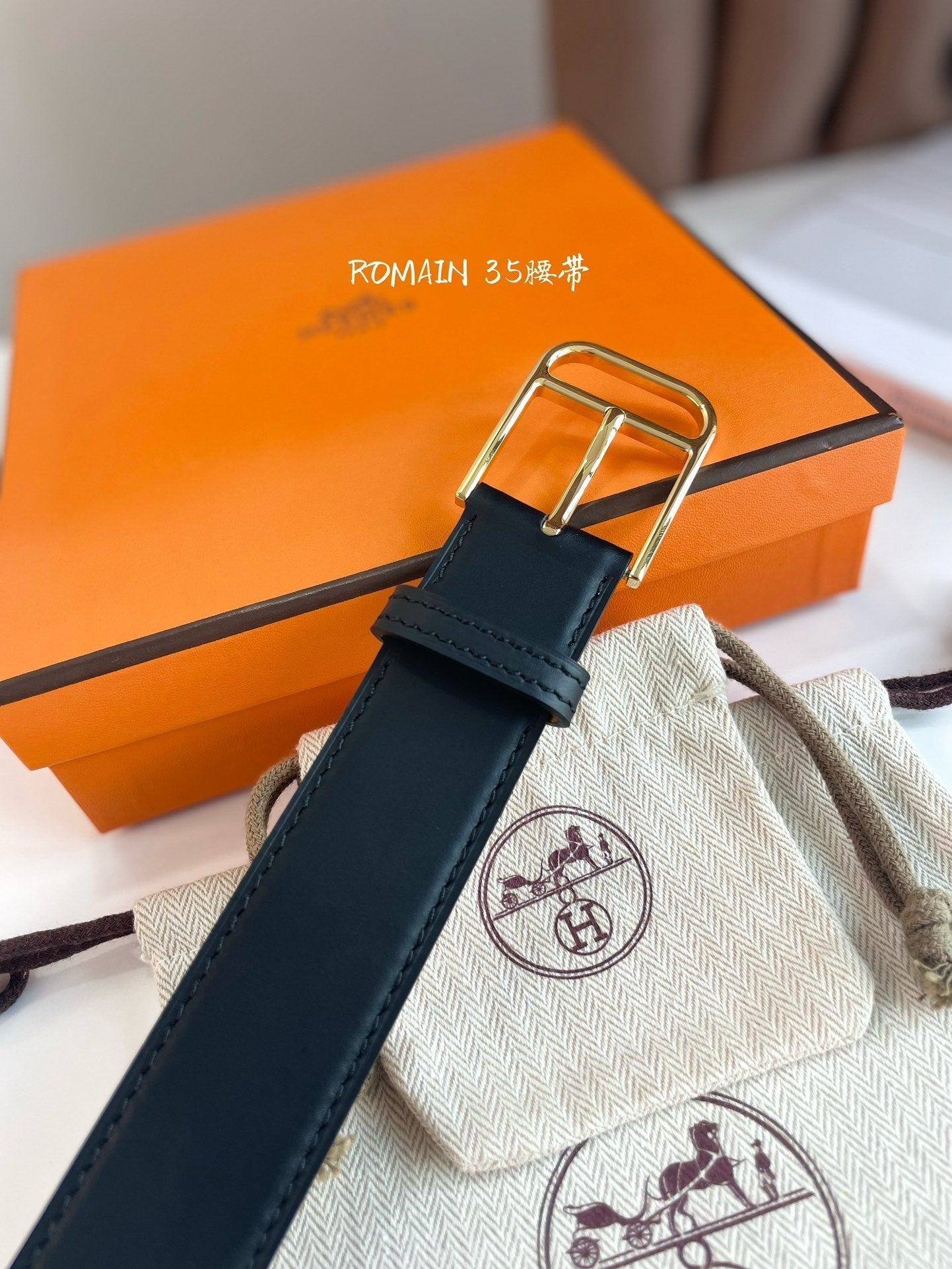 HM ROMAIN 35MM BELT BLACK LEATHER GOLD HARDWARE
