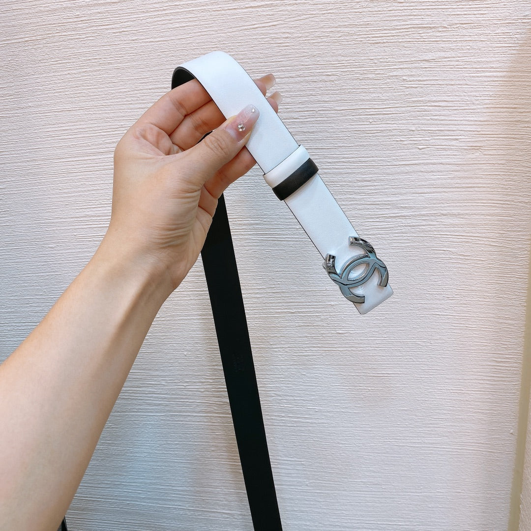 CC Women's Belt 3.0CM Black White Sliver Buckle 176395