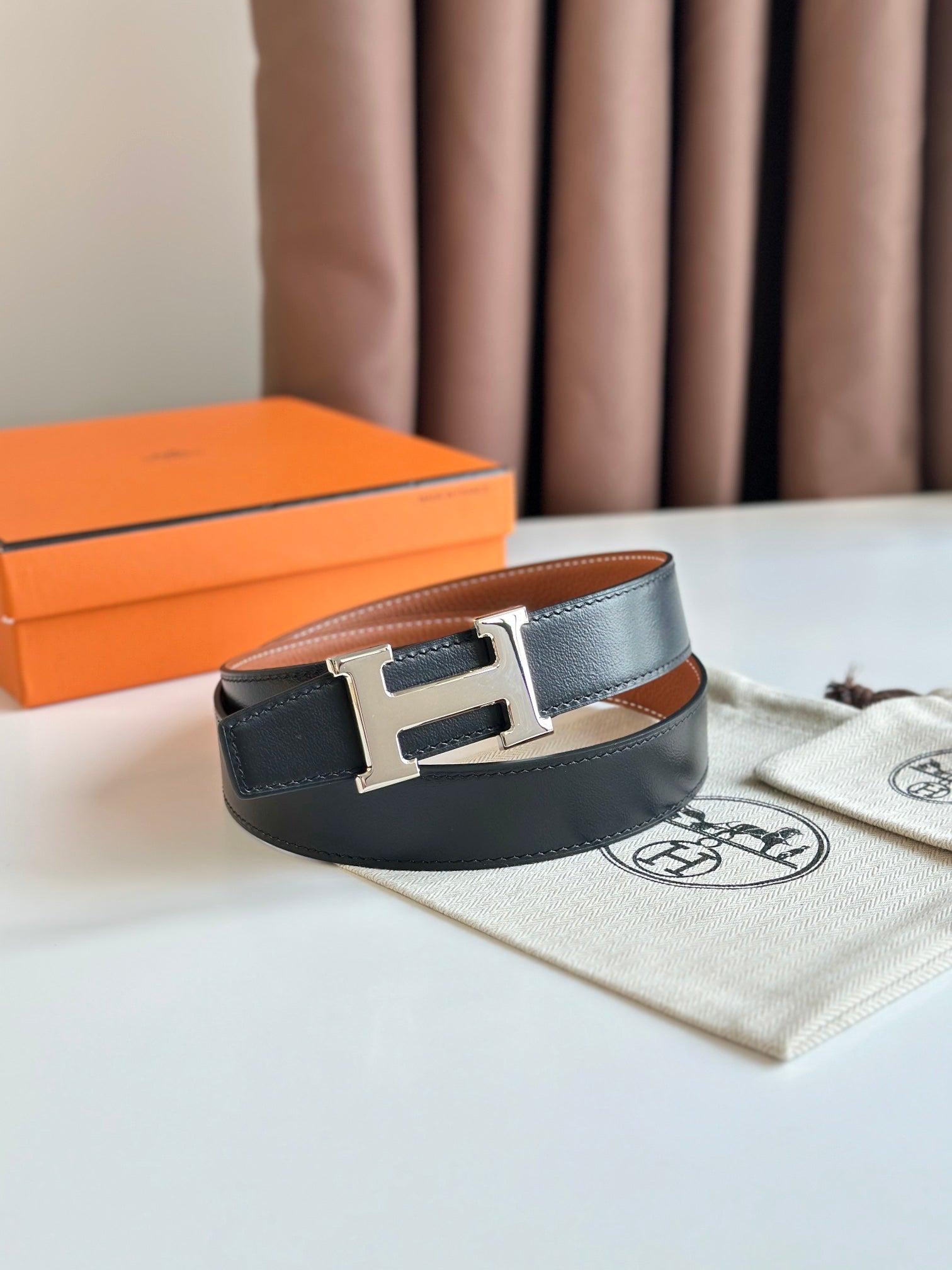 HM Silver H Buckle & Reversible 32mm Belt Brown mix Black leather 124655