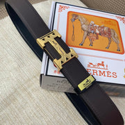 HM Belt 38mm Chocolate Black Cowhide Leather Gold Buckle 619065