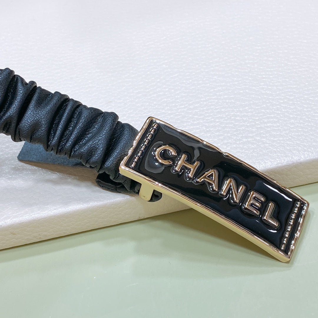 CC Women's Belt 2.0CM Black Calfskin Black Gold Buckle 195975