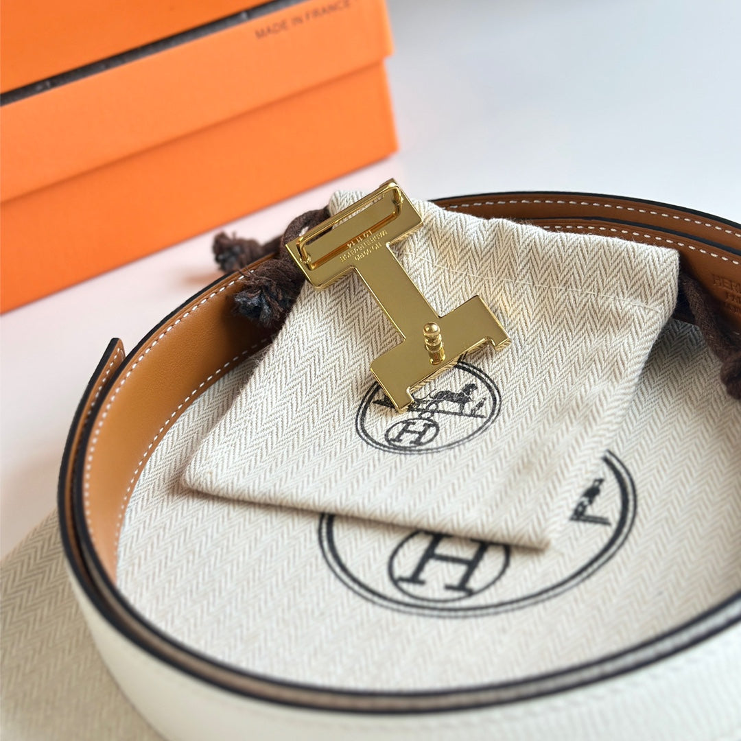 HM Gold Constance & Reverible Belt Brown White Leather 125376