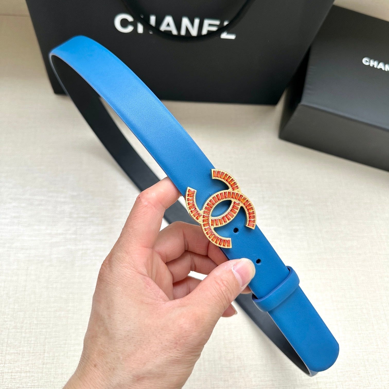 CC Women's Belt 3.0CM Blue Black Cowhide Red Buckle 616963