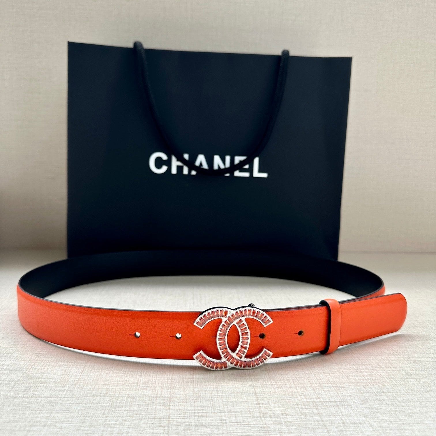 CC Women's Belt 3.0CM Orange Black Cowhide Red Buckle 616965
