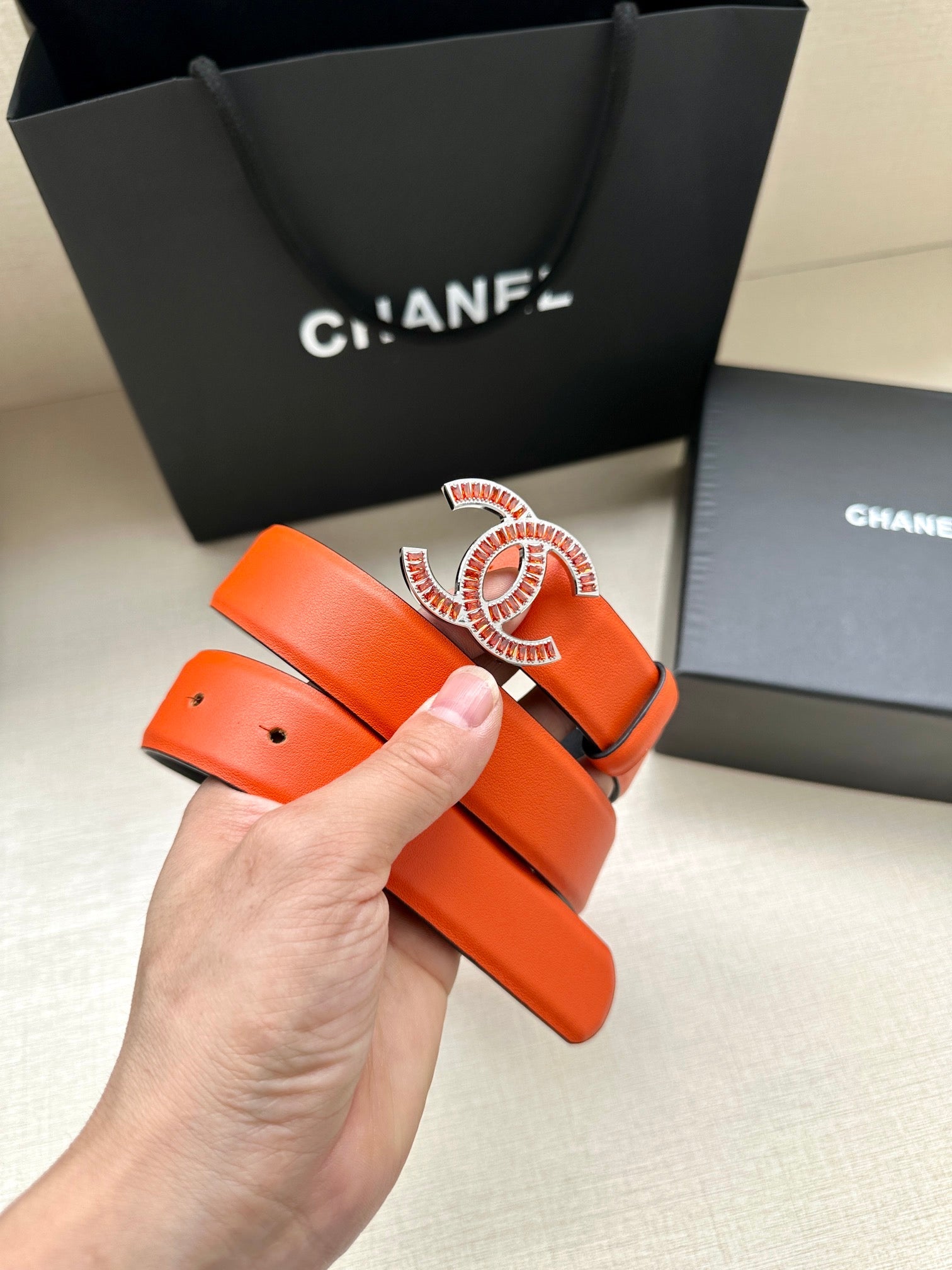 CC Women's Belt 3.0CM Orange Black Cowhide Red Buckle 616965