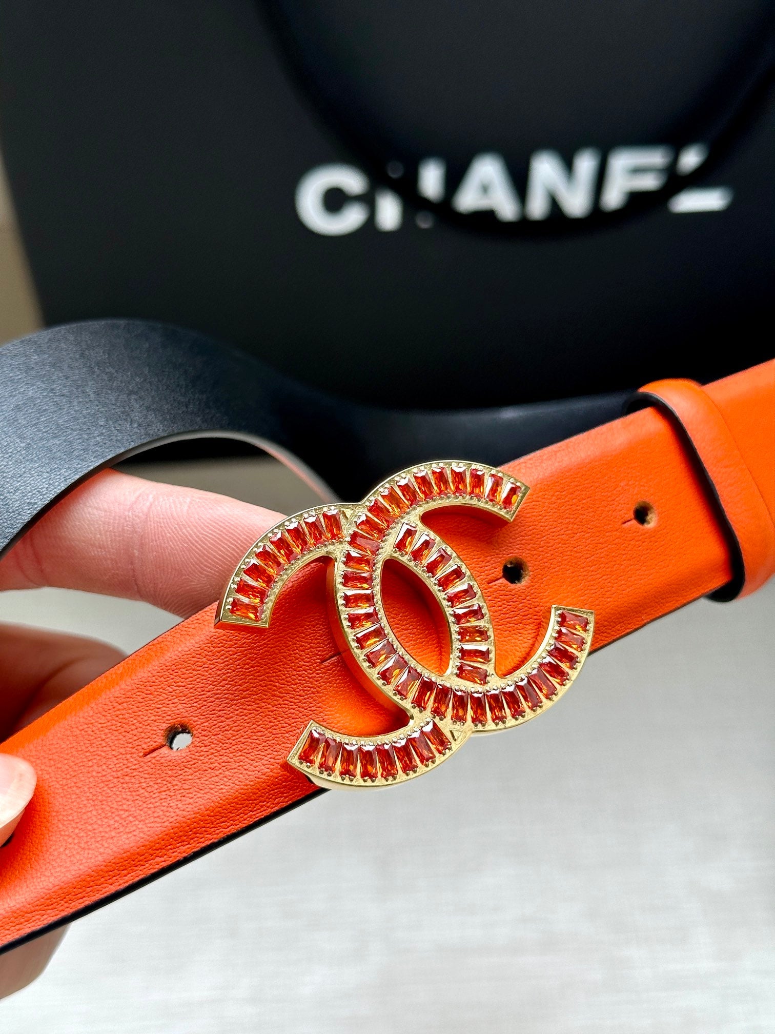 CC Women's Belt 3.0CM Orange Black Cowhide Red Buckle 616965