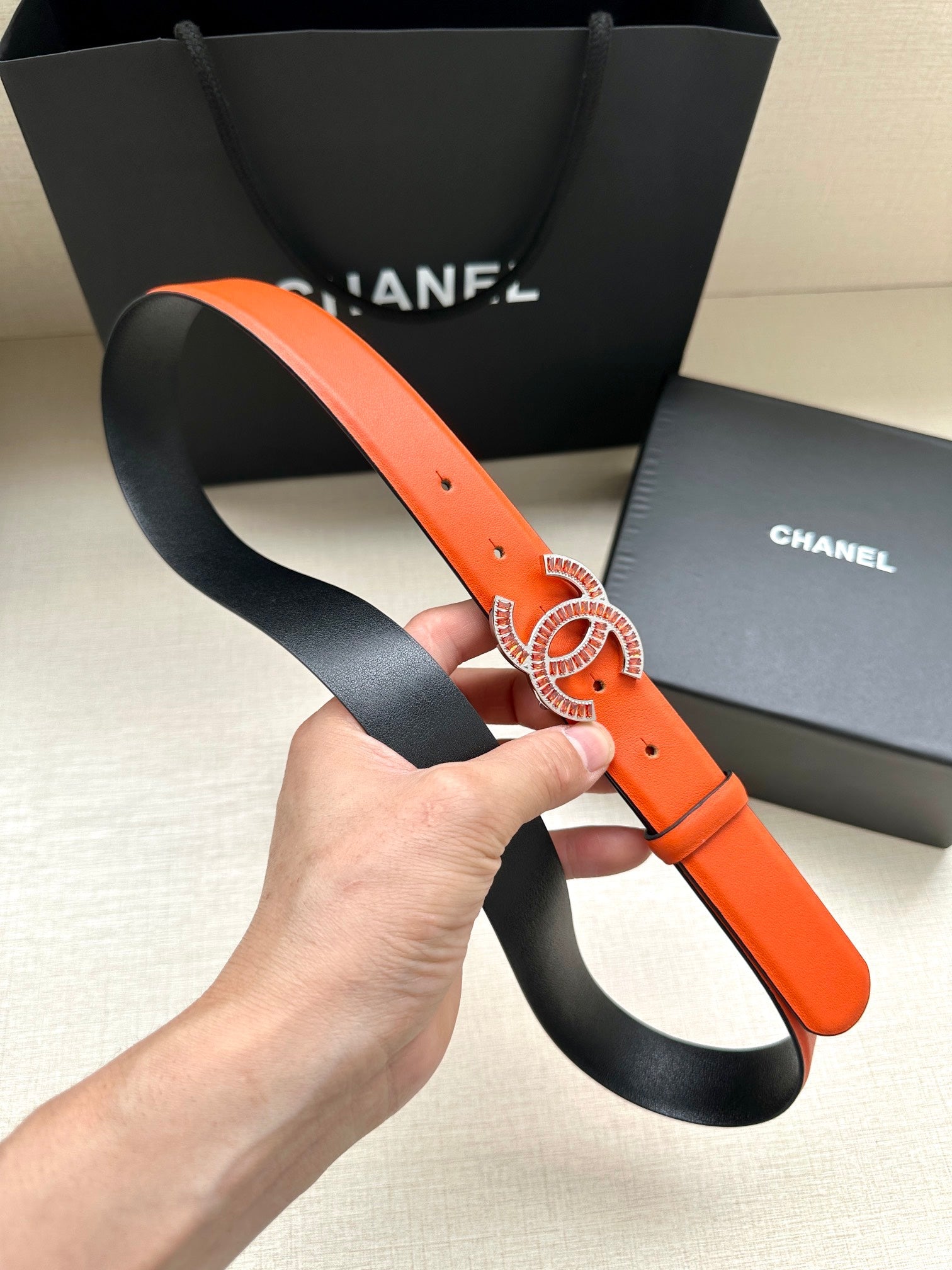 CC Women's Belt 3.0CM Orange Black Cowhide Red Buckle 616965