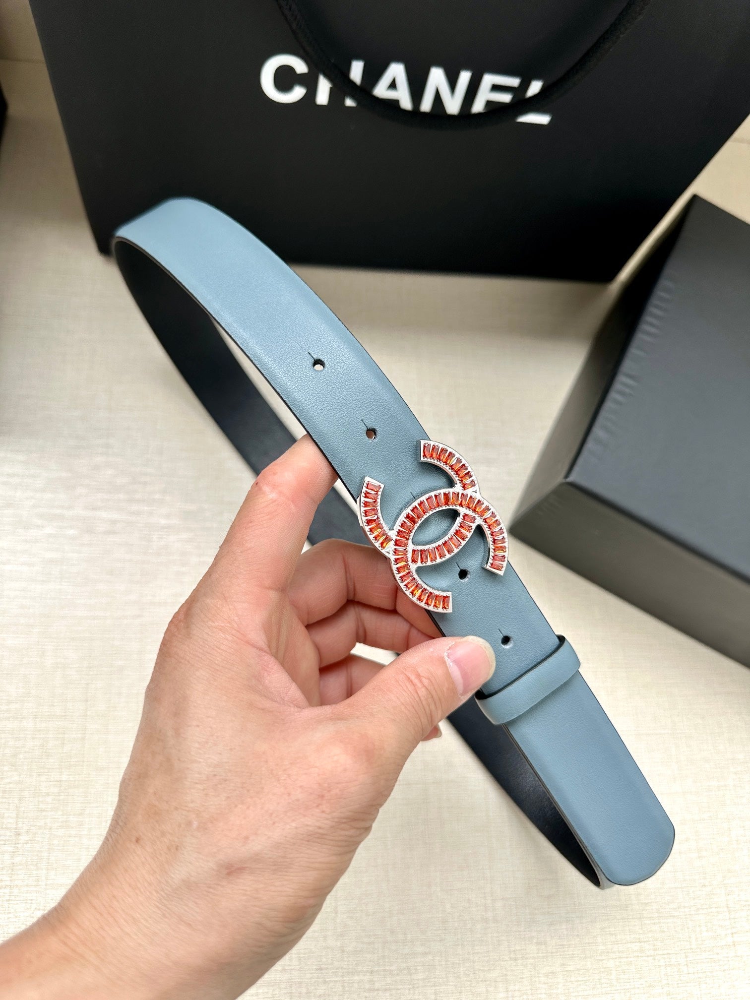 CC Women's Belt 3.0CM Light Blue Black Cowhide Red Buckle 616966