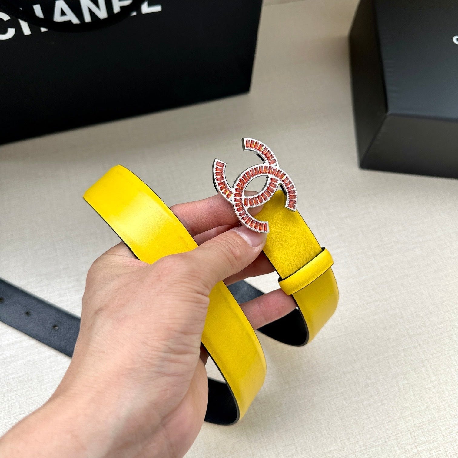 CC Women's Belt 3.0CM Yellow Black Cowhide Red Buckle 616967