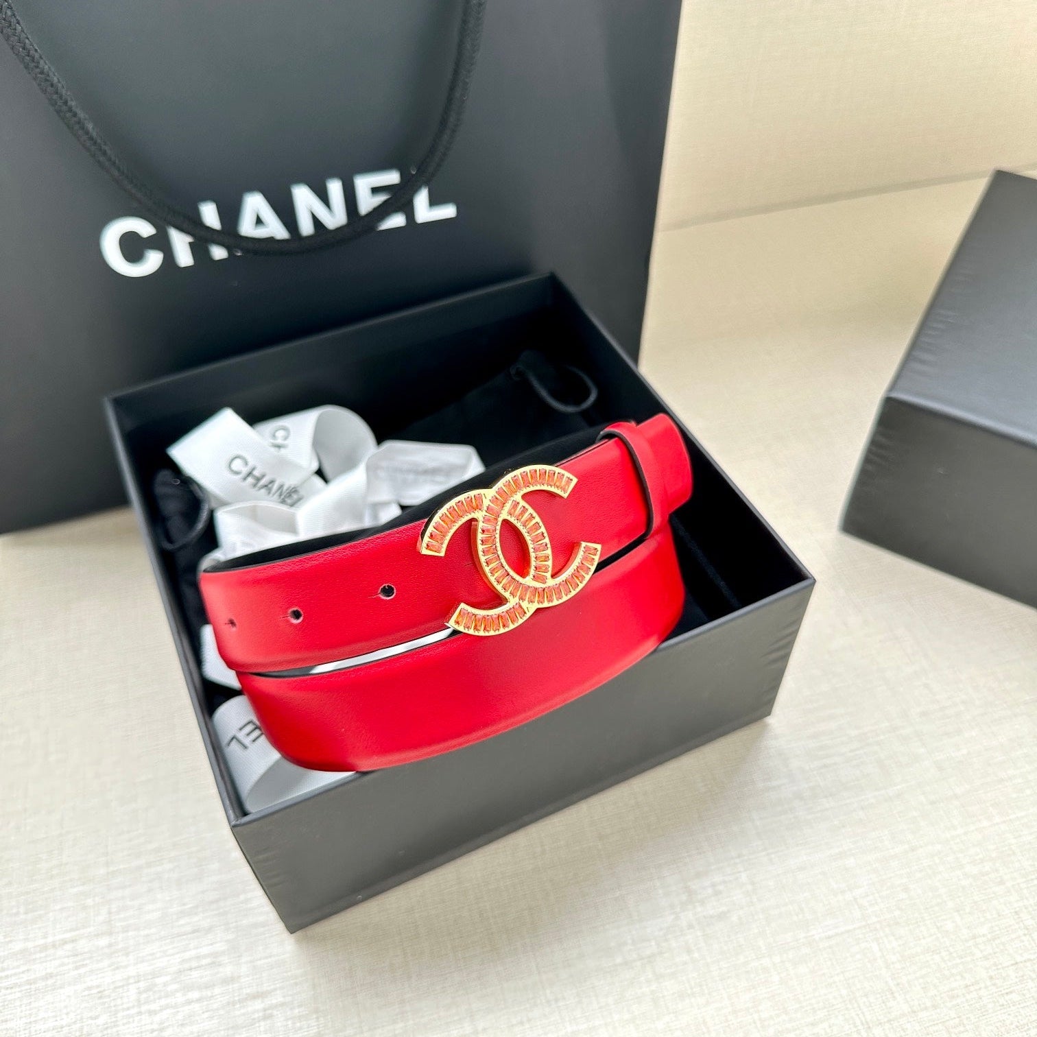 CC Women's Belt 3.0CM Red Black Cowhide Red Buckle 616970