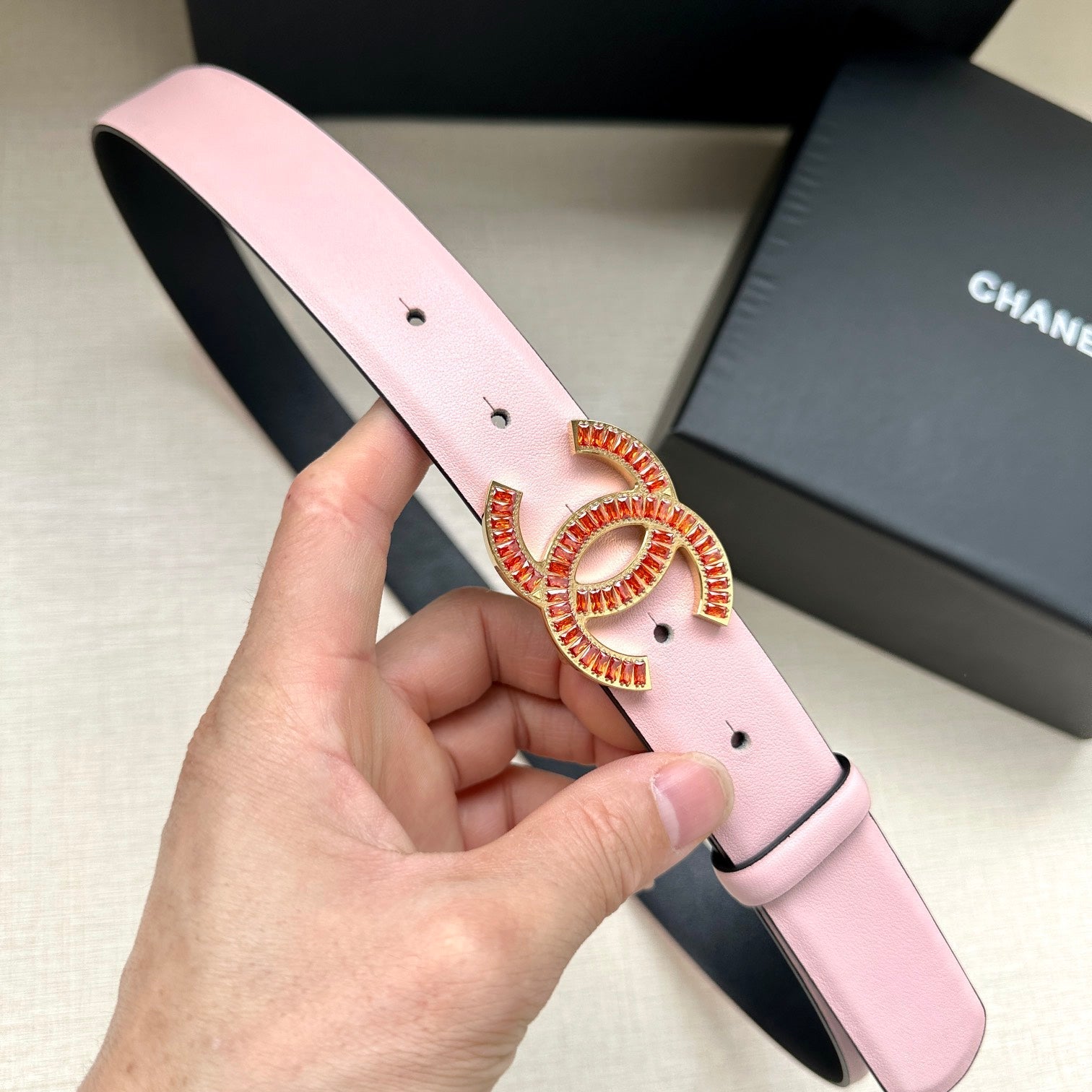 CC Women's Belt 3.0CM Pink Black Cowhide Red Buckle 616971