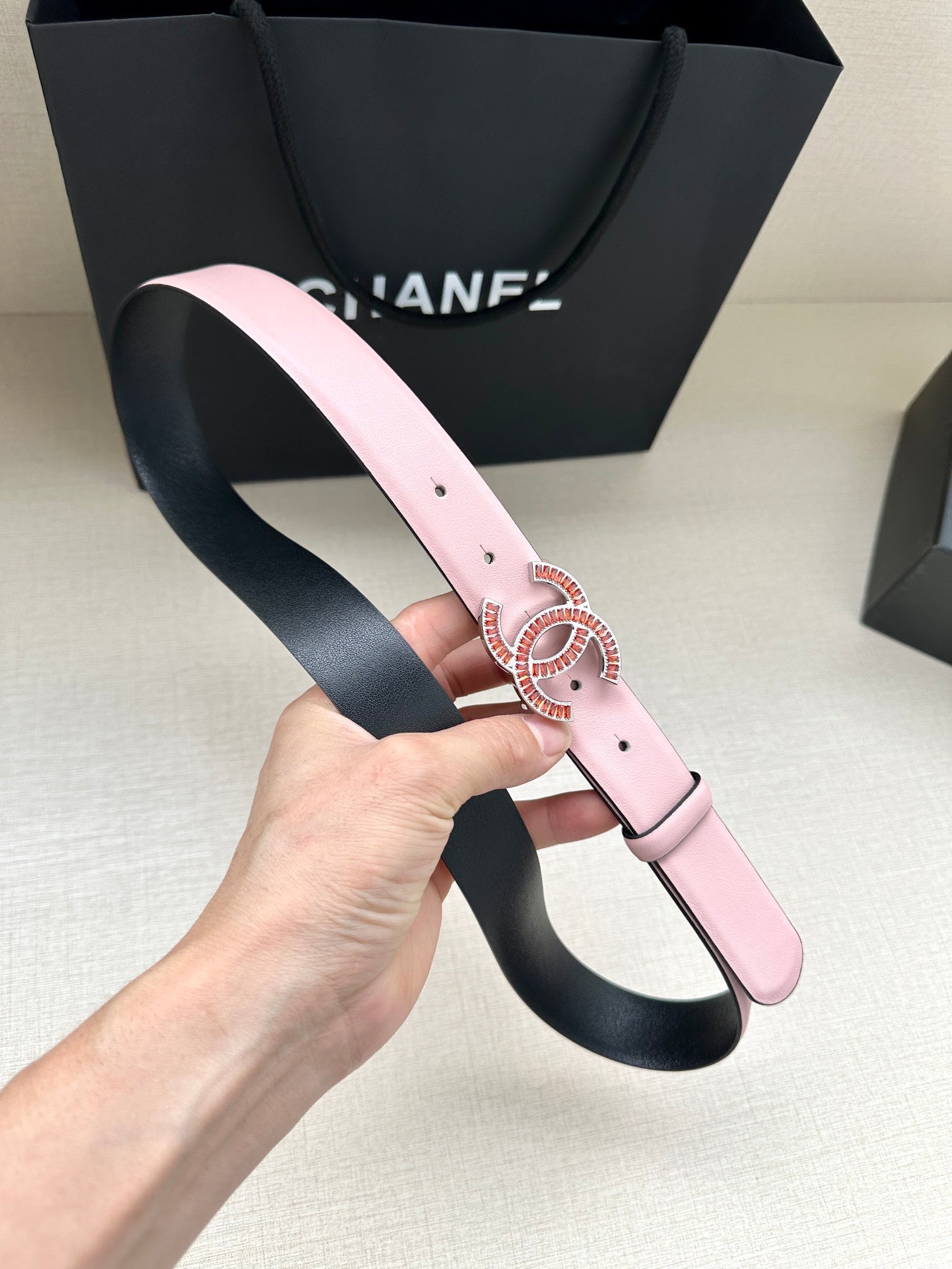 CC Women's Belt 3.0CM Pink Black Cowhide Red Buckle 616971