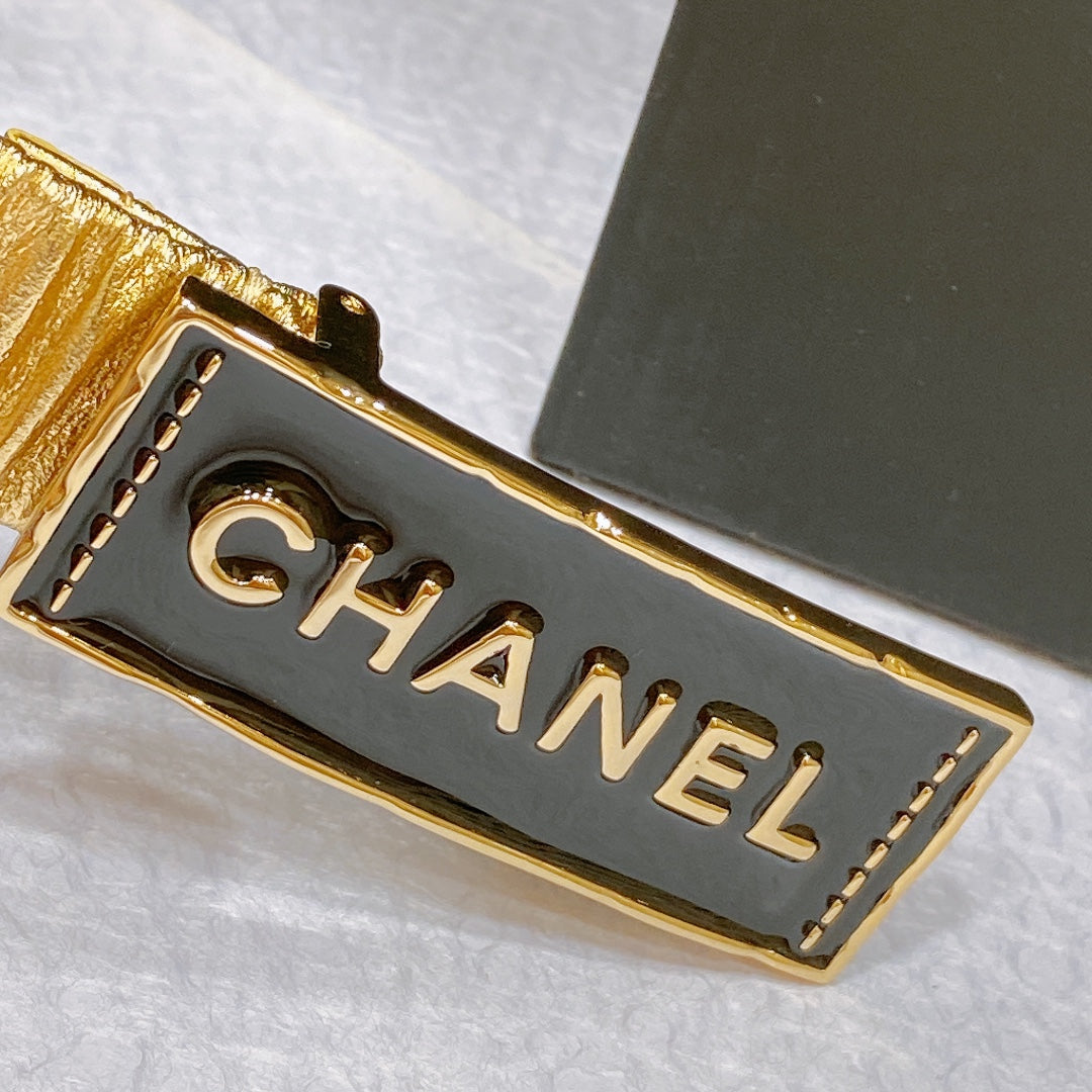CC Women's Belt 3.0CM Gold Metallic Calfskin Black Gold Buckle 195971