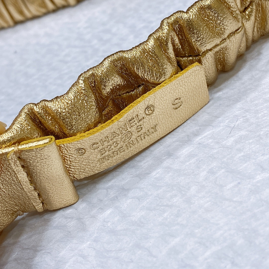CC Women's Belt 3.0CM Gold Metallic Calfskin Black Gold Buckle 195971
