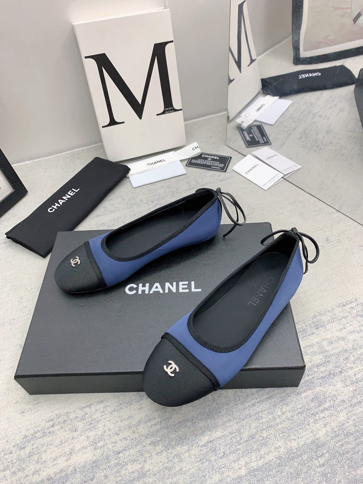 Chanel 2026 Bow Ballet Flat Blue Black Fabric 162259