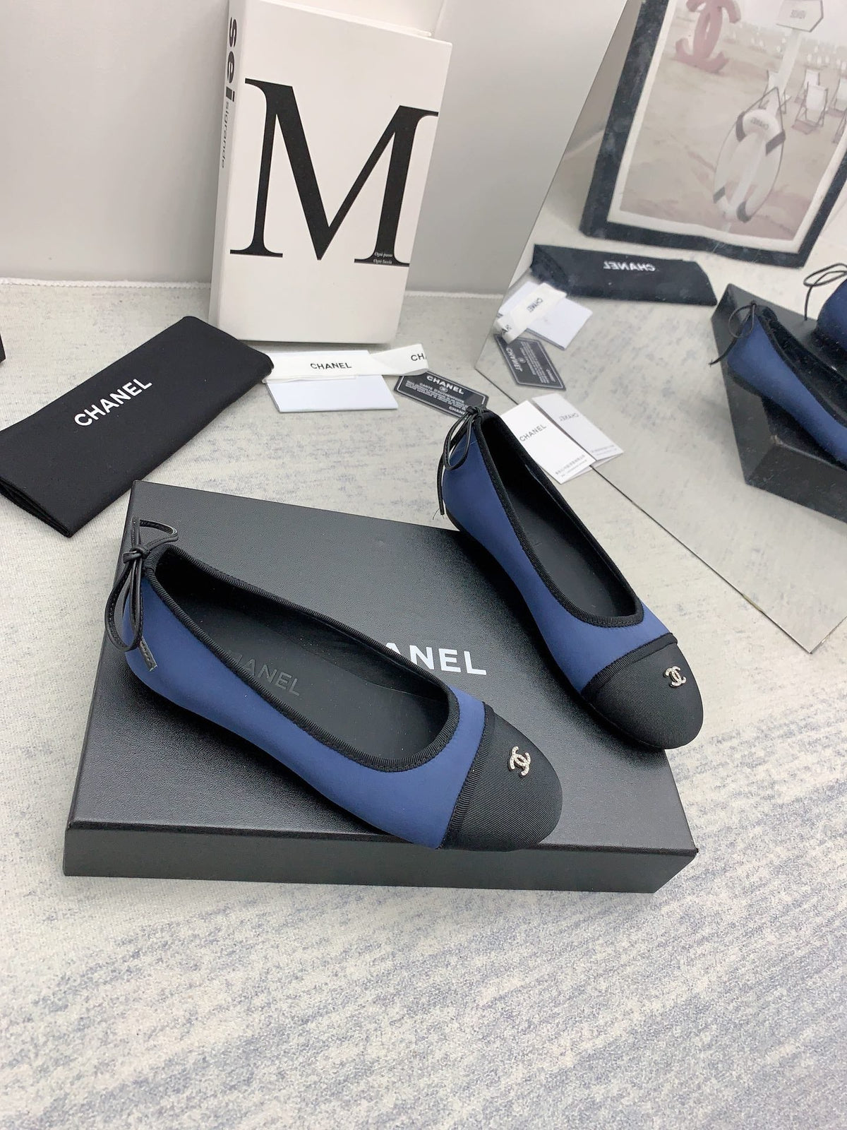 Chanel 2026 Bow Ballet Flat Blue Black Fabric 162259