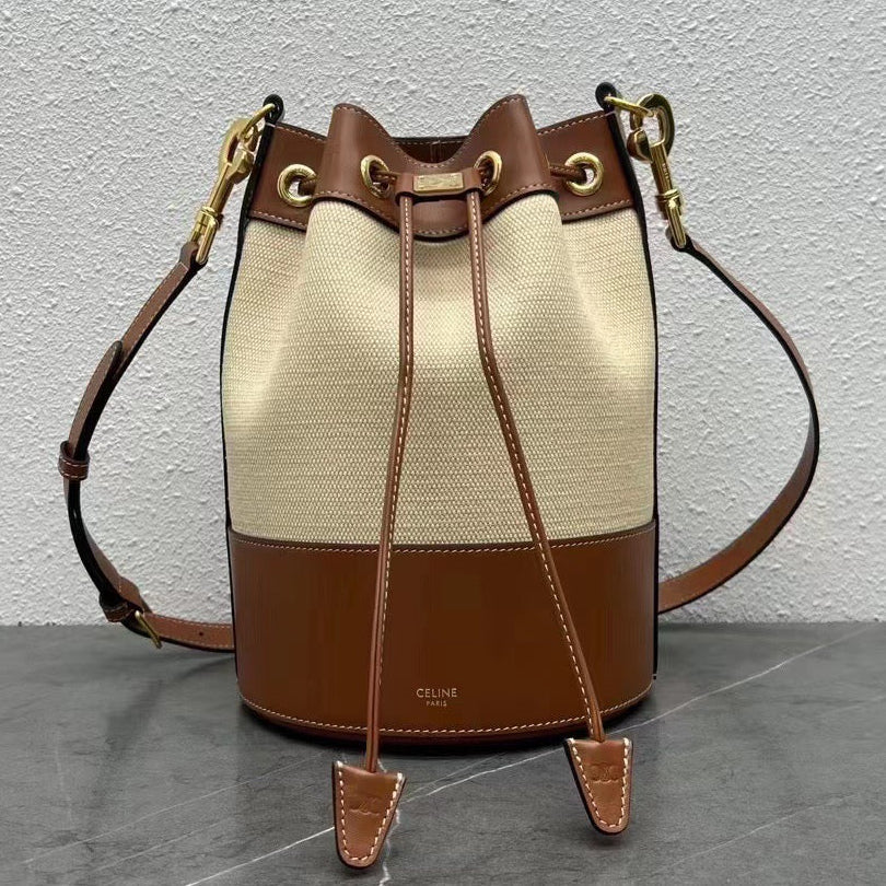 Celine 2026 Drawstring Cabas Marin Bag 26cm Natural Tan Textile Calfskin