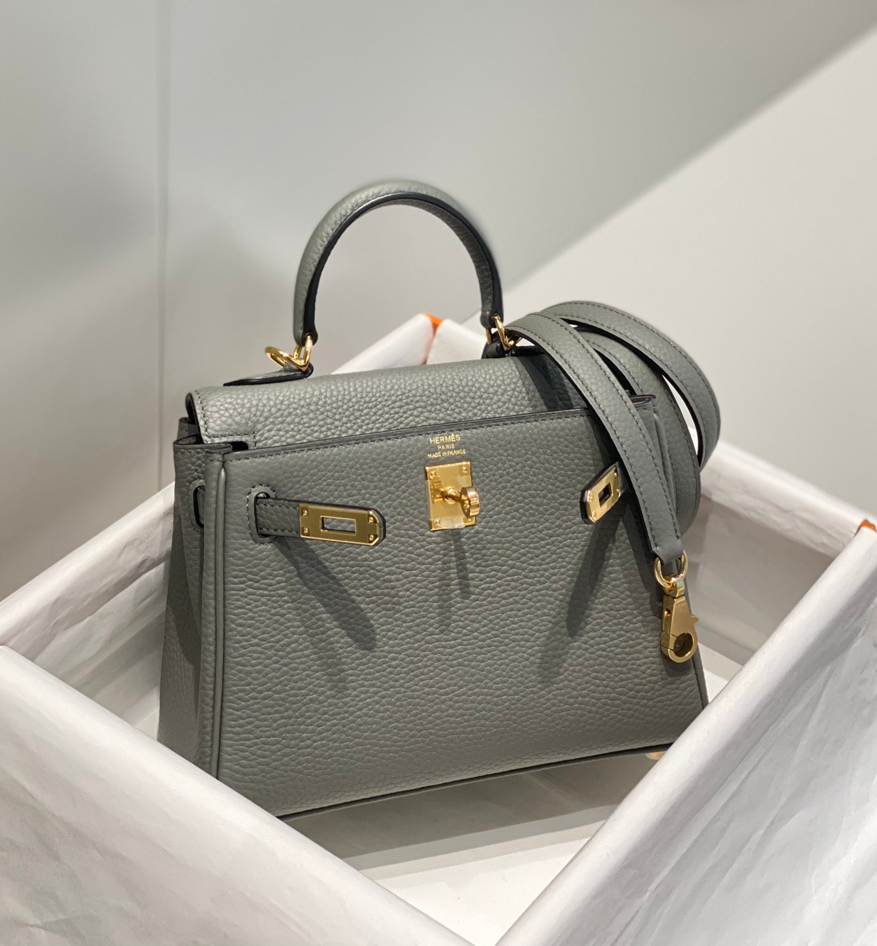 HM Mini Kelly 20cm Gris Meyer Togo Leather Gold Hardware