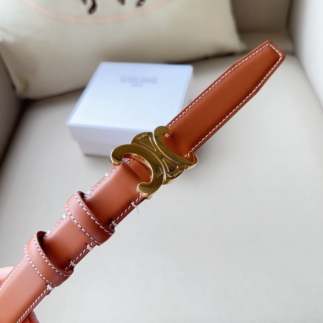 Medium Triomphe Belt 25mm Tan Calfskin White Line Finishing Ghw