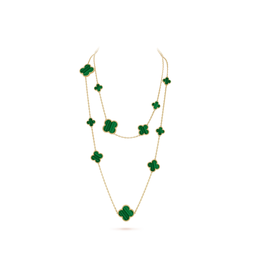CLOVER 16 MOTIF MALACHITE GOLD NECKLACE