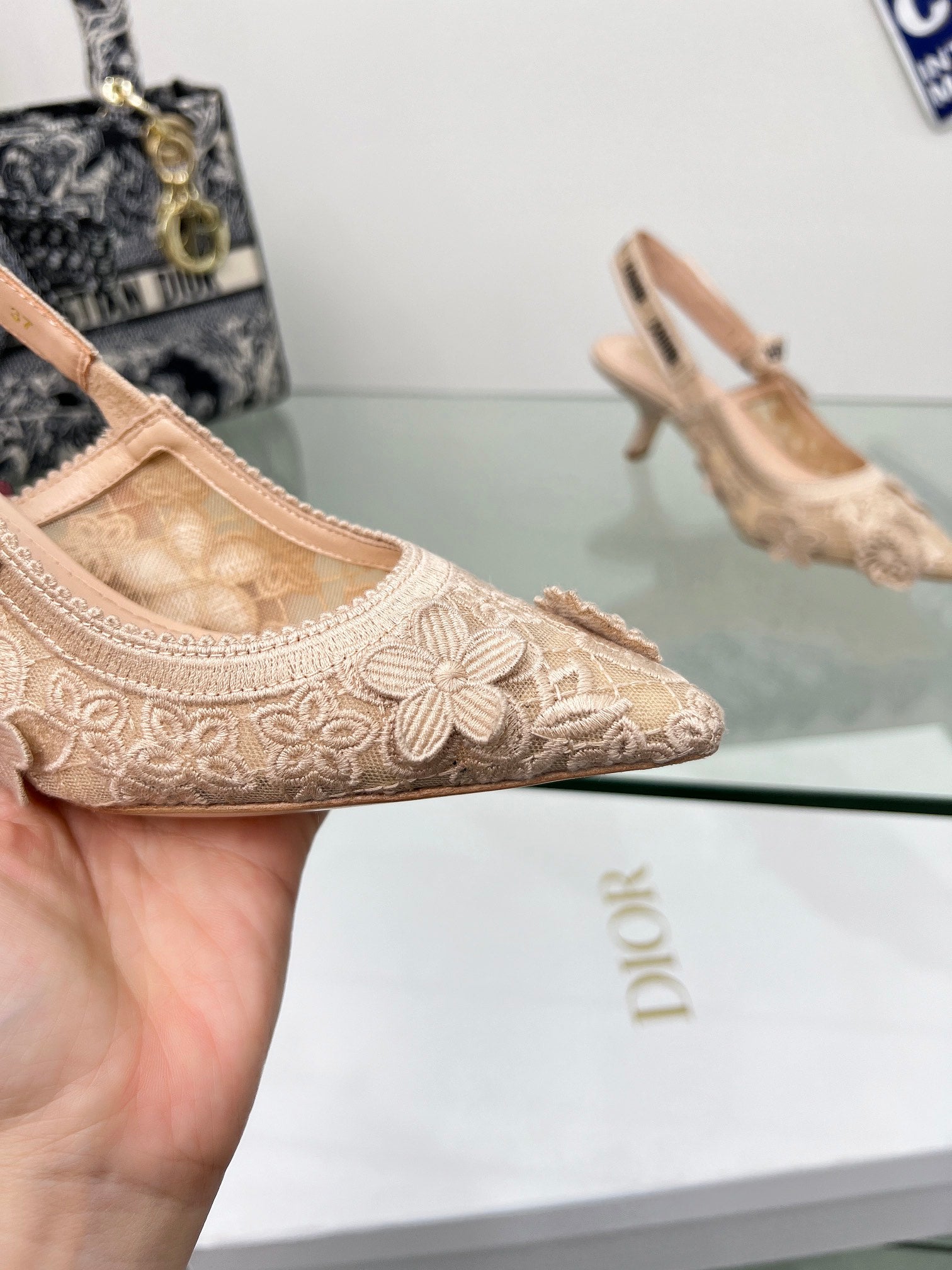 J'Adior Slingback Pump 65mm In Beige Floral Embroidered Lace Fabric 100841