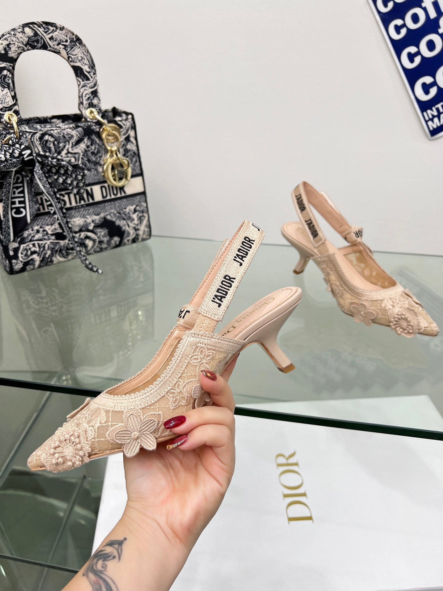 J'Adior Slingback Pump 65mm In Beige Floral Embroidered Lace Fabric 100841