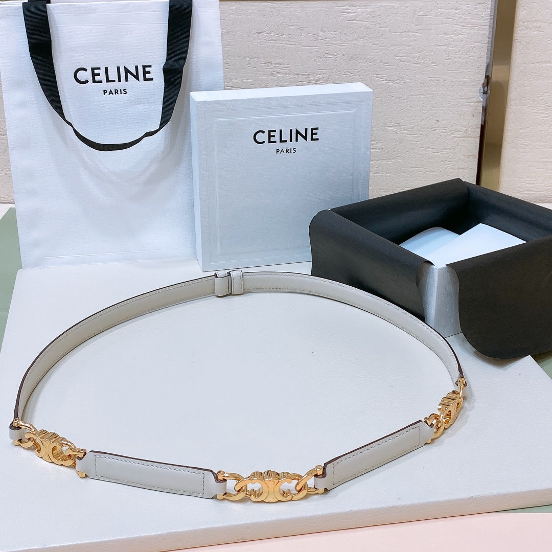 CL SMALL 18 MM GOURMETTE TRIOMPHE ADJUSTABLE BELT IN WHITE LEATHER GOLD HARDWARE