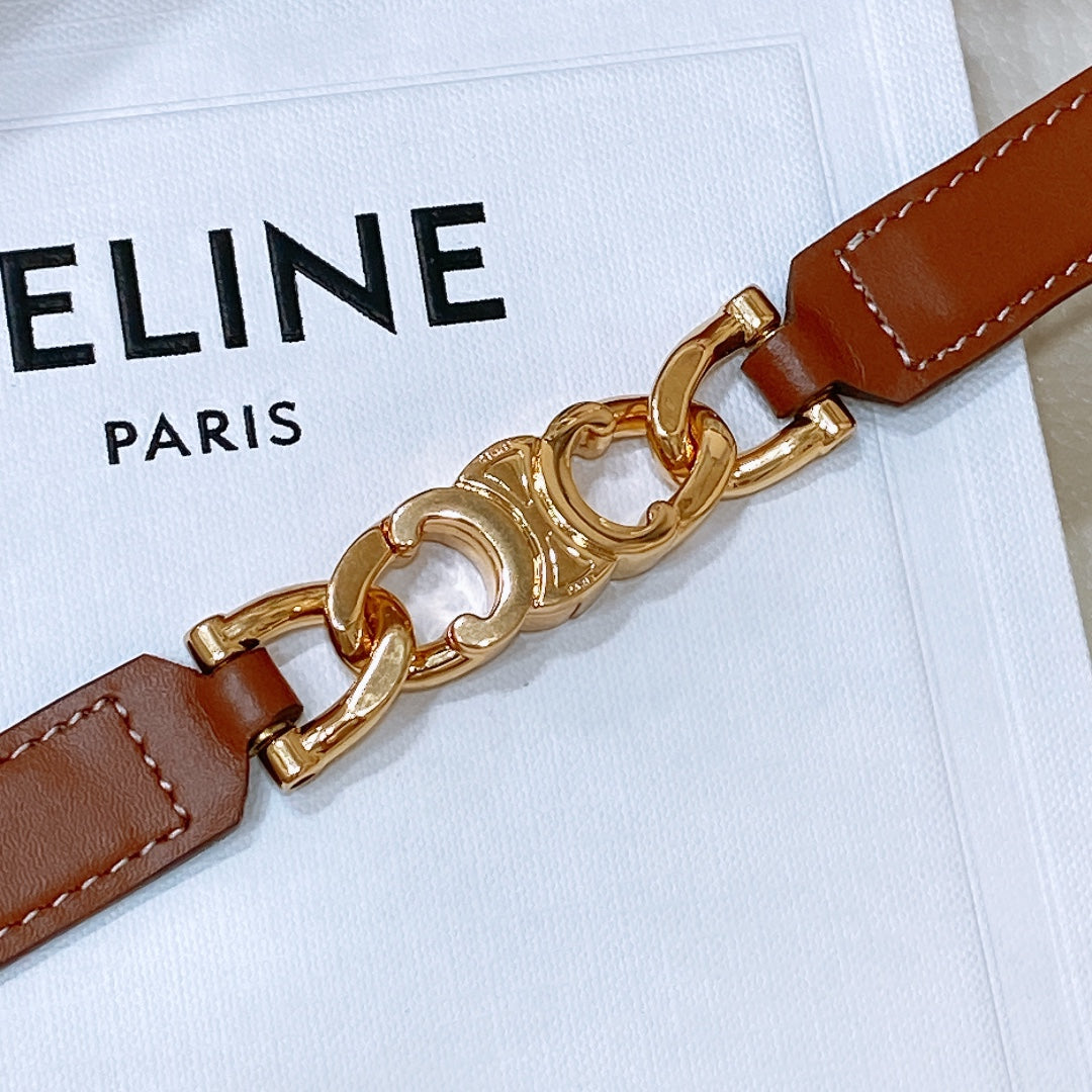 SMALL 18 MM GOURMETTE TRIOMPHE ADJUSTABLE BELT IN BRONZE BROWN LEATHER GOLD HARDWARE