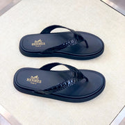 HM Men's Thong Sandals Black Rubber Sheepskin 561664