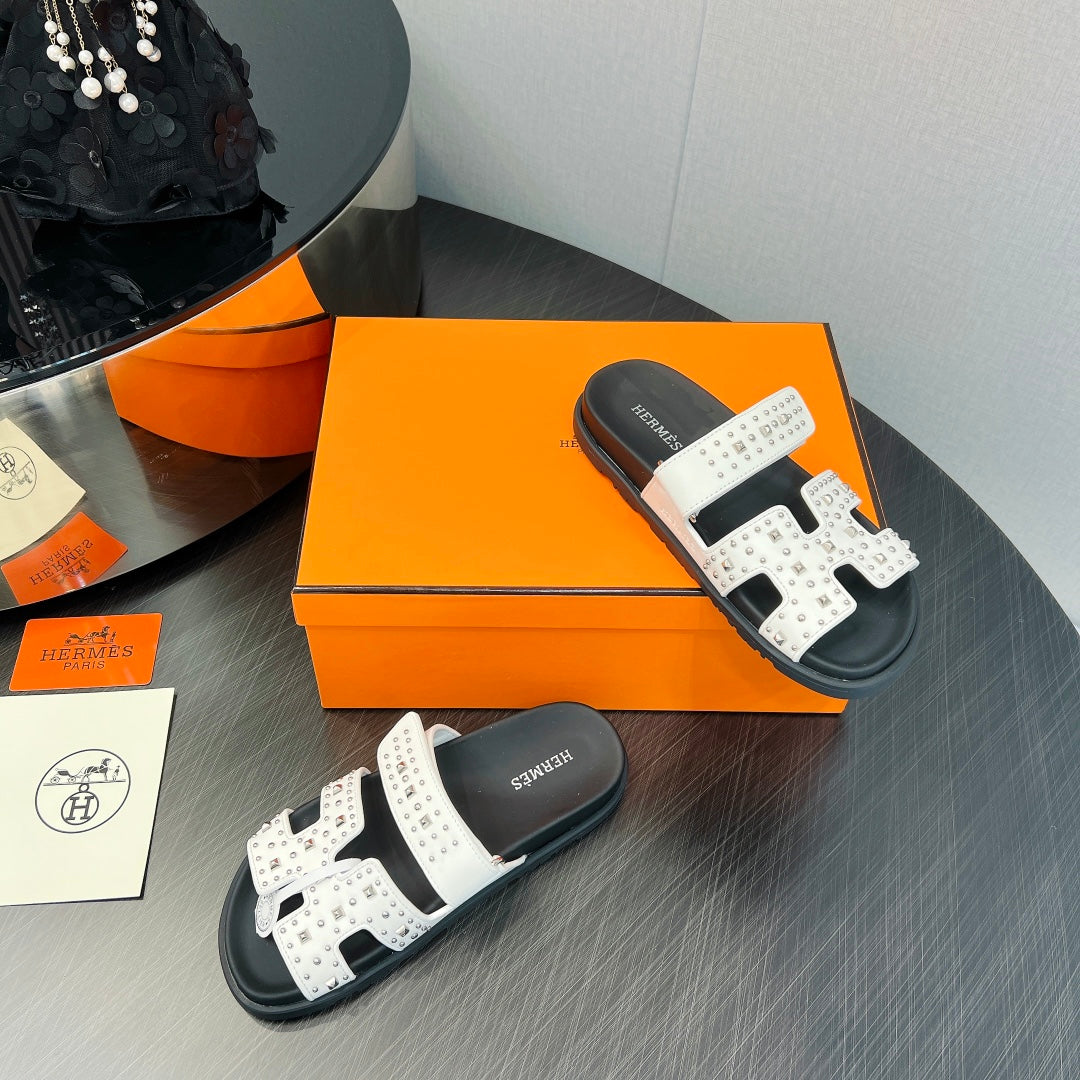 Hermes 2026 Chypre Sandal Ponyhair With Studded Details Black White Cowhide 674993