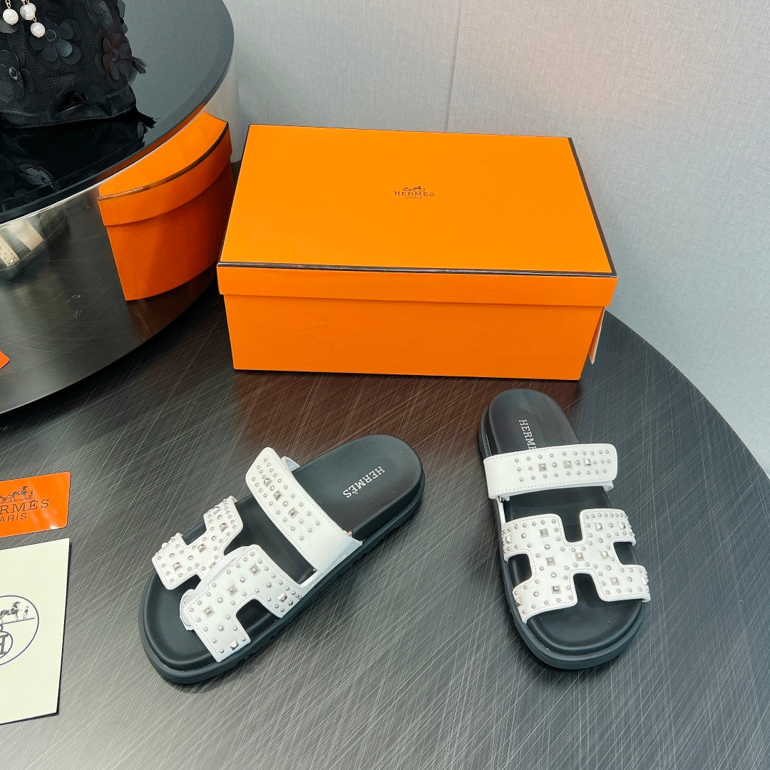 Hermes 2026 Chypre Sandal Ponyhair With Studded Details Black White Cowhide 674993