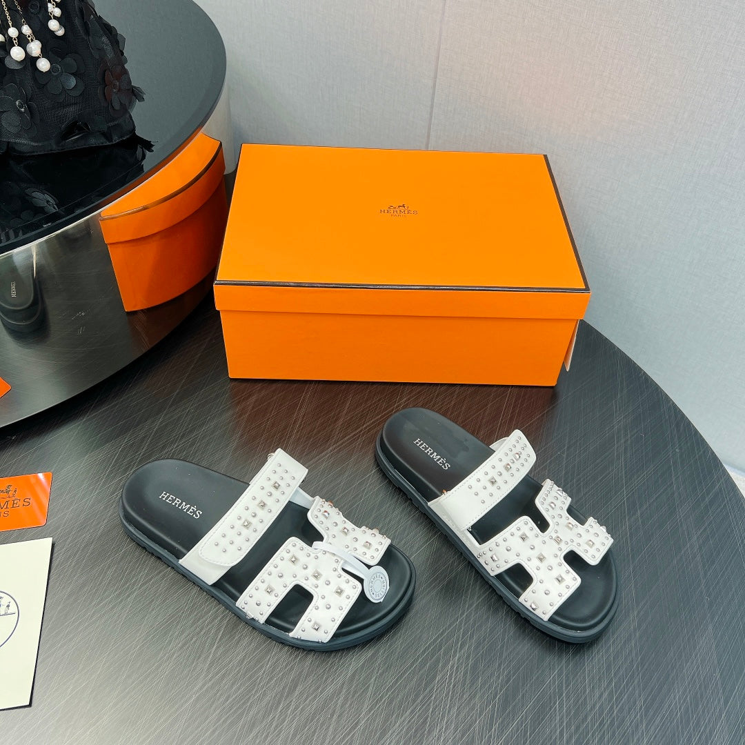 Hermes 2026 Chypre Sandal Ponyhair With Studded Details Black White Cowhide 674993