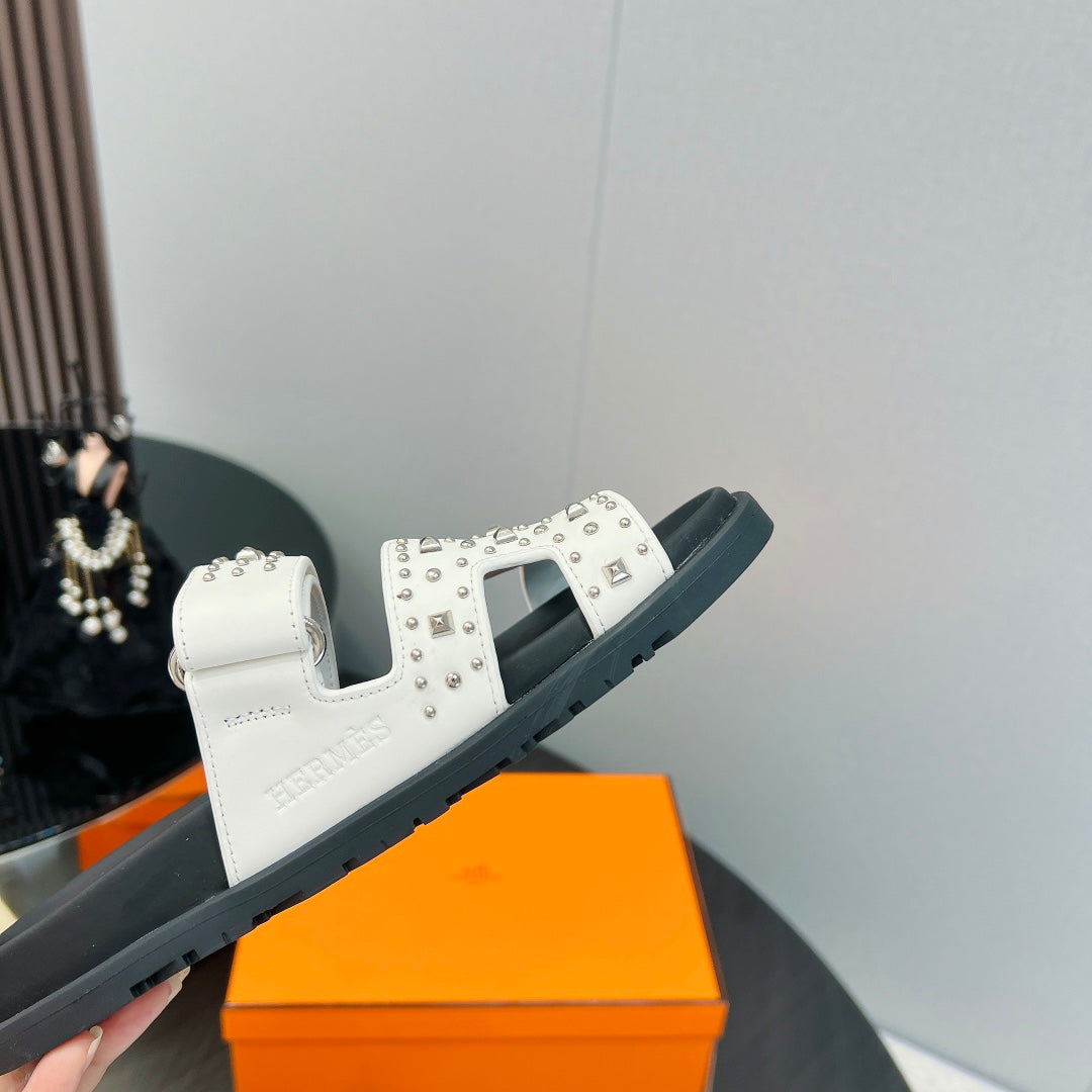 Hermes 2026 Chypre Sandal Ponyhair With Studded Details Black White Cowhide 674993