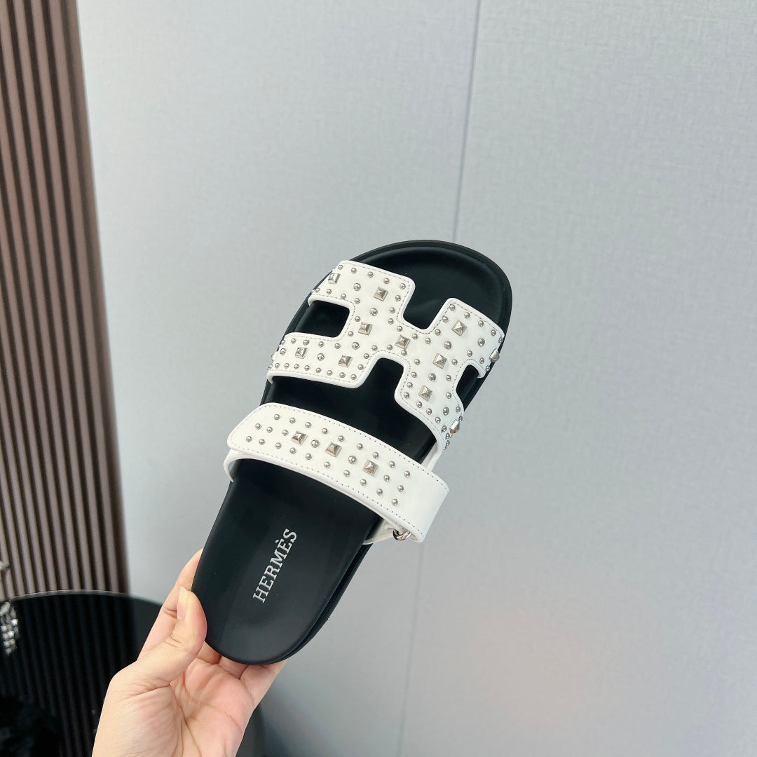 Hermes 2026 Chypre Sandal Ponyhair With Studded Details Black White Cowhide 674993