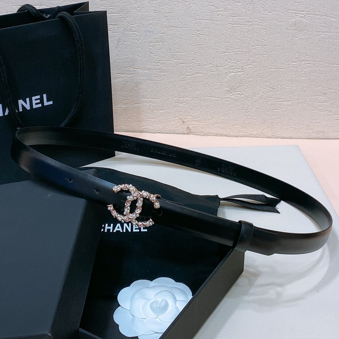 Chanel 2026 Pearl Rhinestone Buckle Belt 20mm Lambskin