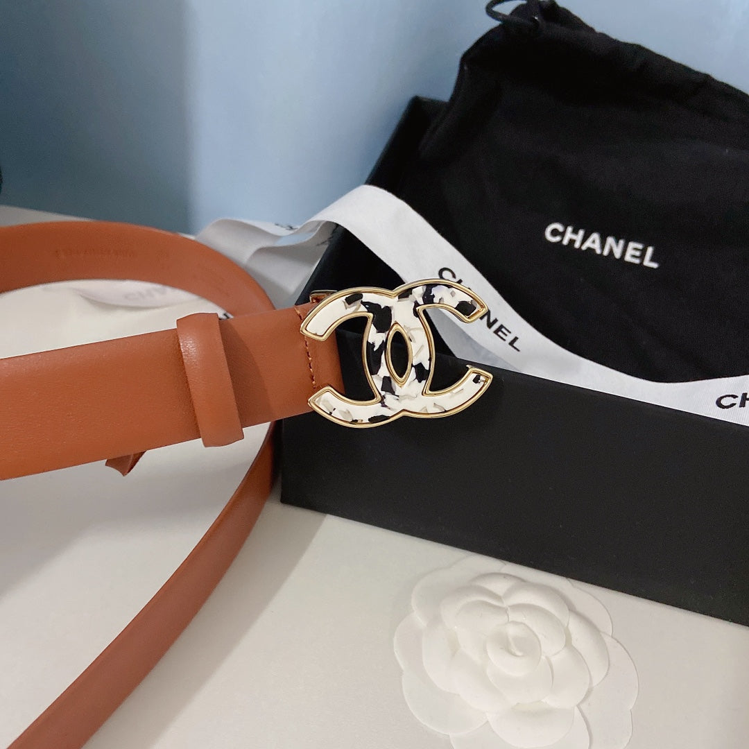 CC Women's Belt 3.0CM Brown Calfskin White Black Buckle 597643