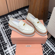 Miu Loafers Coin Shaped Thick Sole White With Brown Border Cowhide
