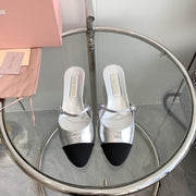 Miu Sandals Square Heel Shoes Silver Leather
