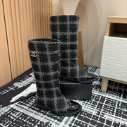 CC High Boots In Black Wool Tweed And Lambskin Gold Hardware