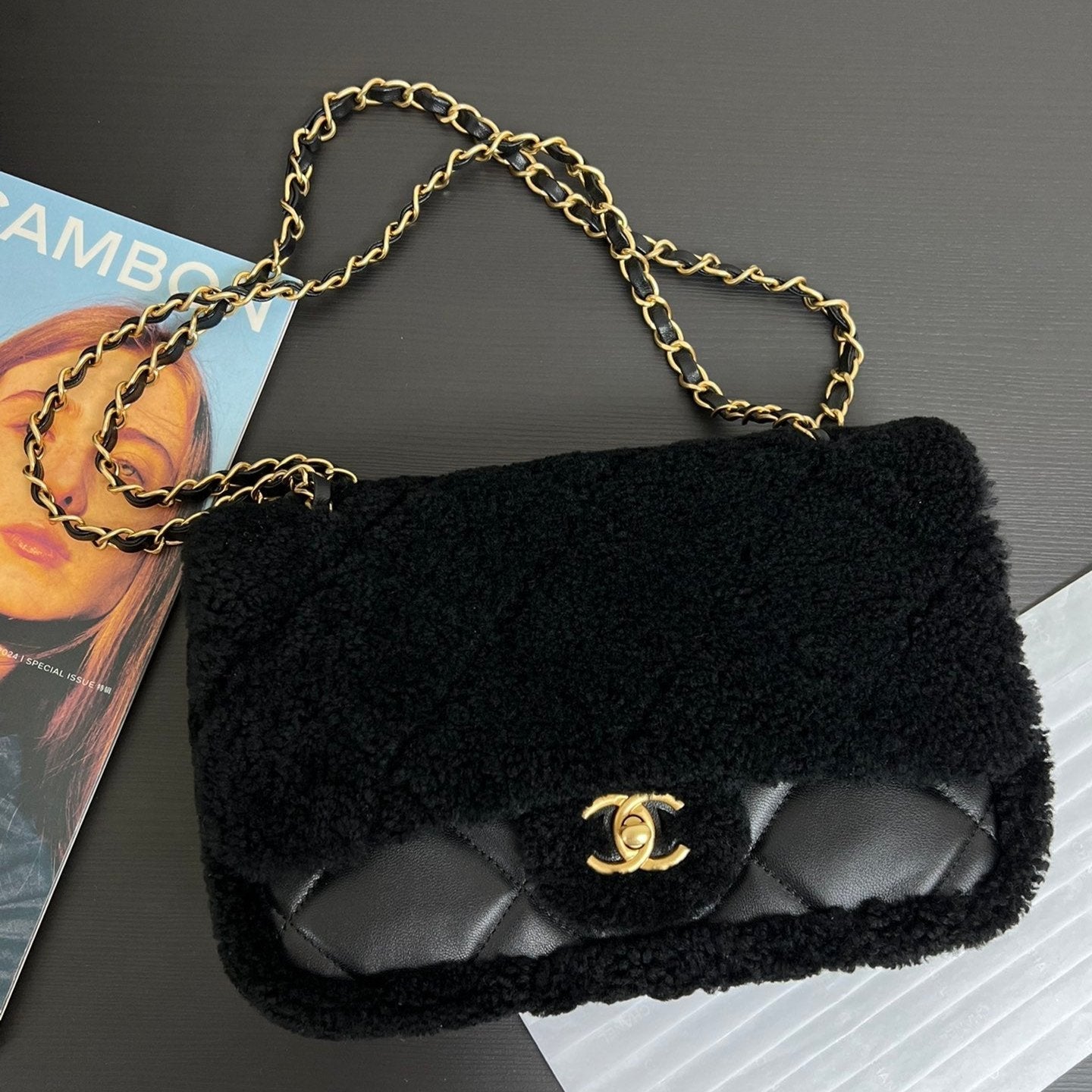 Flap Bag Small 23cm Black Sherling Lambskin Gold Hardware
