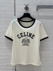 Celine 25 Arc de Triomphe Letter Short Sleeve T-shirt Cream mix Black Cotton